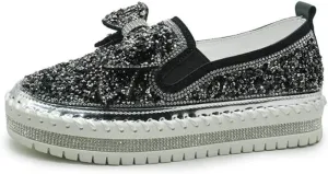 SACFOF Women's Fashion Glitter Slip On Sneakers Rhinestone Bling Platform Walking Shoes Cute Bowknot Sequin Shiny Loafers