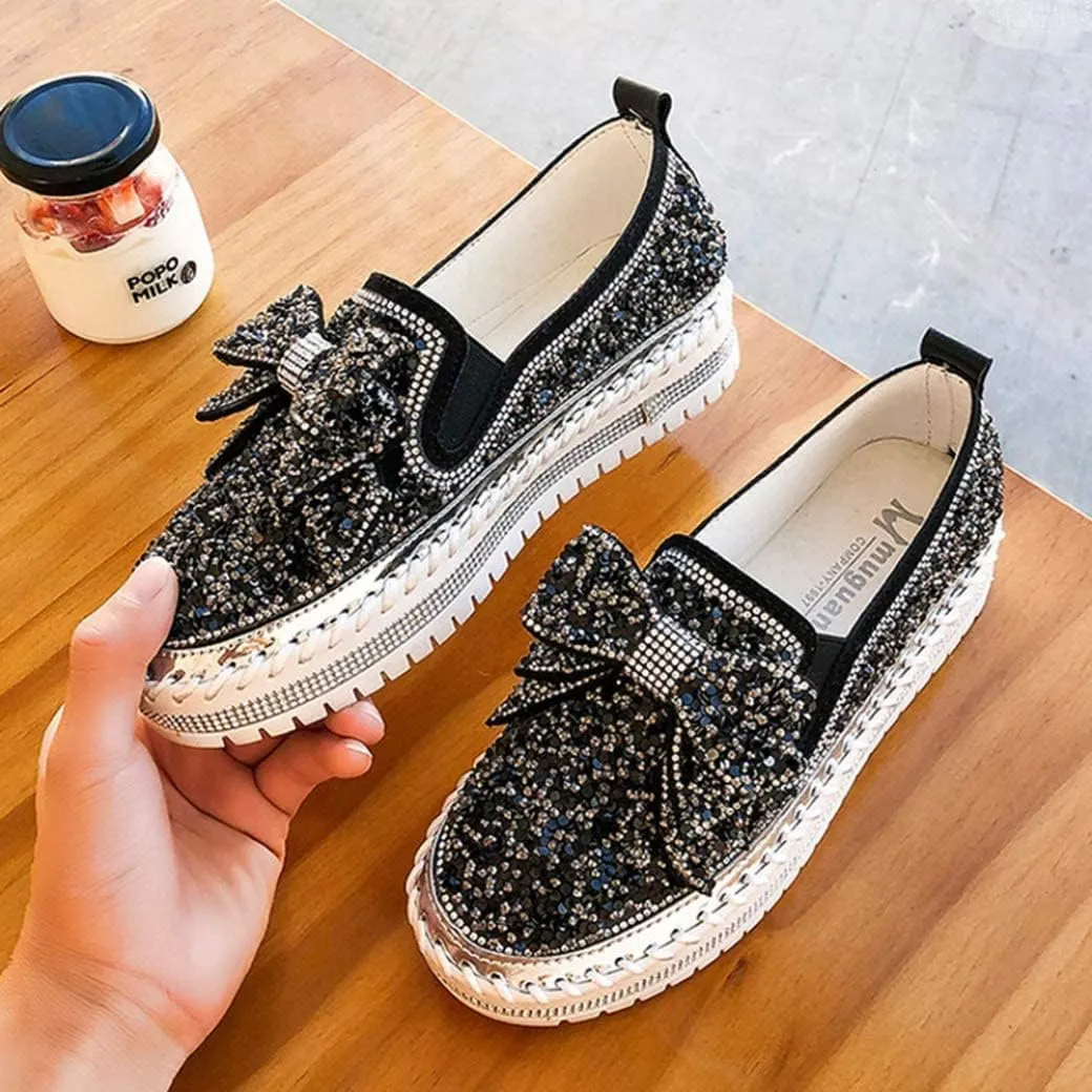 SACFOF Women's Fashion Glitter Slip On Sneakers Rhinestone Bling Platform Walking Shoes Cute Bowknot Sequin Shiny Loafers