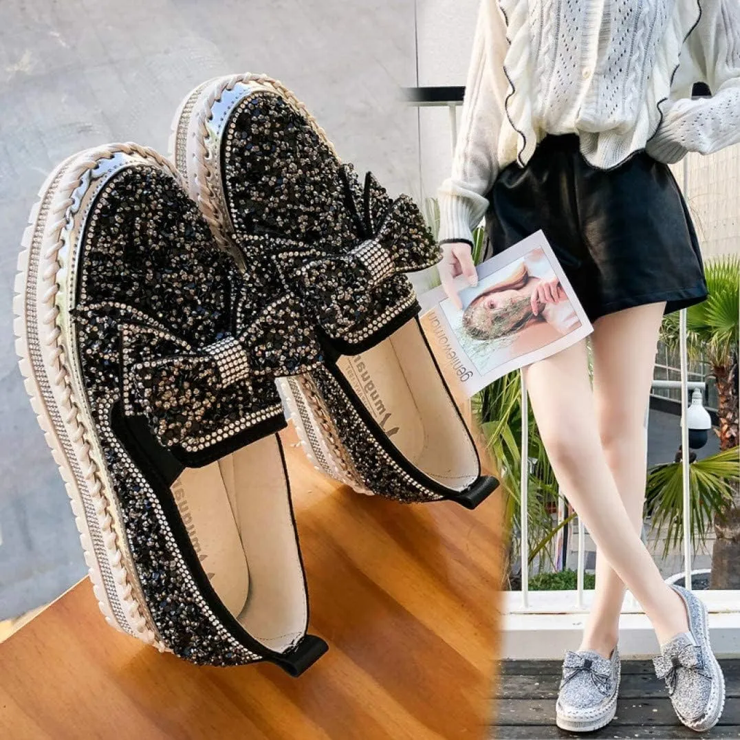 SACFOF Women's Fashion Glitter Slip On Sneakers Rhinestone Bling Platform Walking Shoes Cute Bowknot Sequin Shiny Loafers