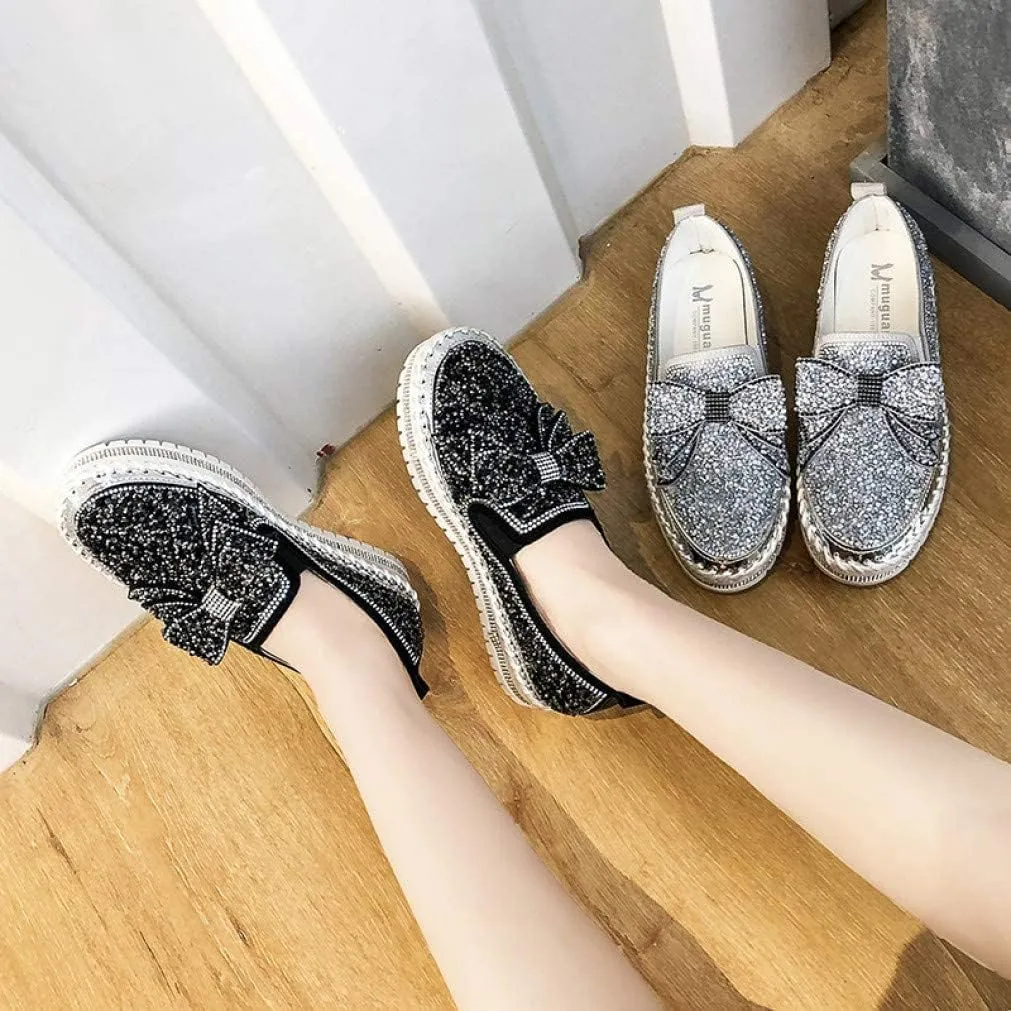 SACFOF Women's Fashion Glitter Slip On Sneakers Rhinestone Bling Platform Walking Shoes Cute Bowknot Sequin Shiny Loafers