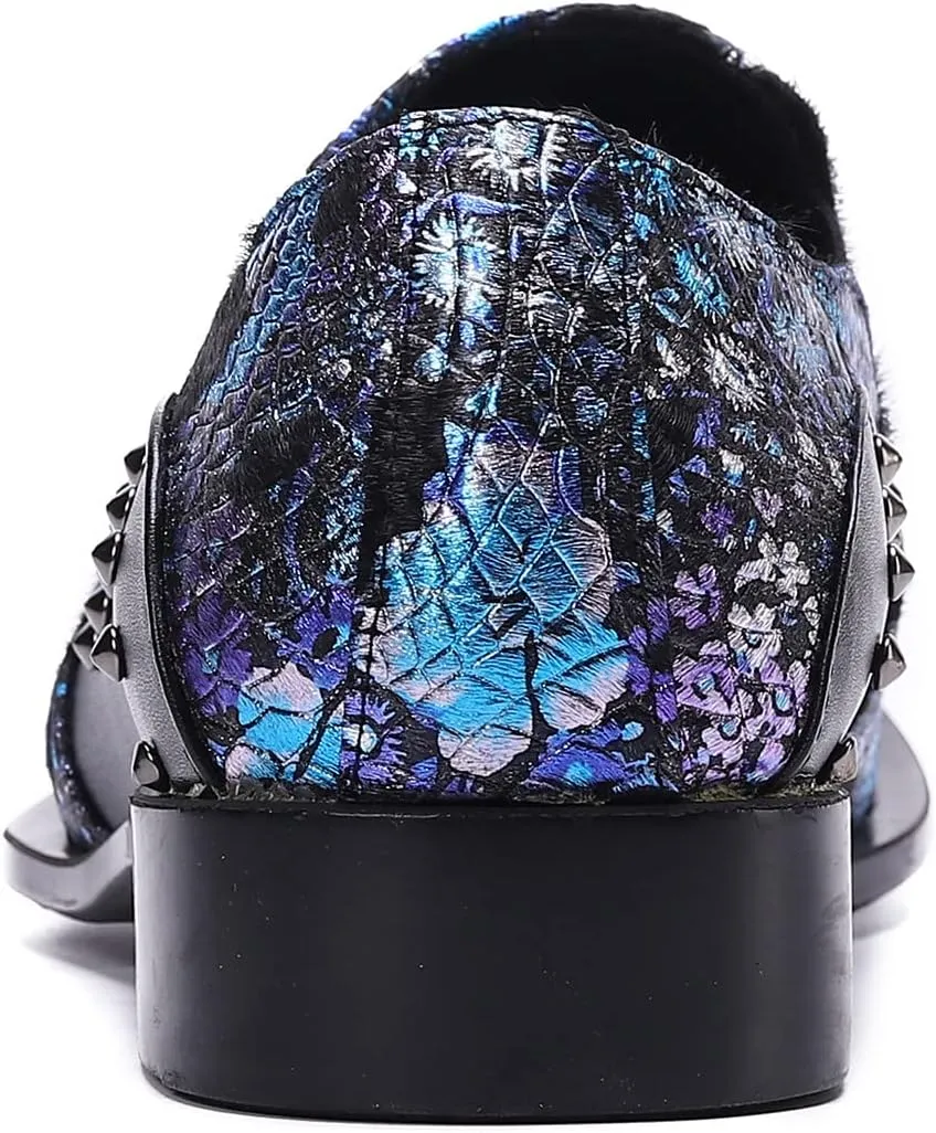 Santimon Mens Dress Loafers Floral Embroidered Leather Slip On Sequin Pointed Dragon Metal Tip Smoking Style Wedding Party Shoes