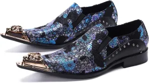 Santimon Mens Dress Loafers Floral Embroidered Leather Slip On Sequin Pointed Dragon Metal Tip Smoking Style Wedding Party Shoes