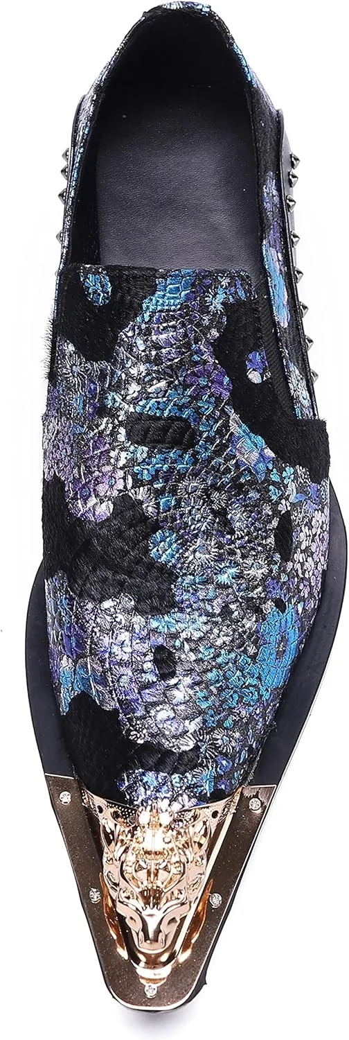 Santimon Mens Dress Loafers Floral Embroidered Leather Slip On Sequin Pointed Dragon Metal Tip Smoking Style Wedding Party Shoes