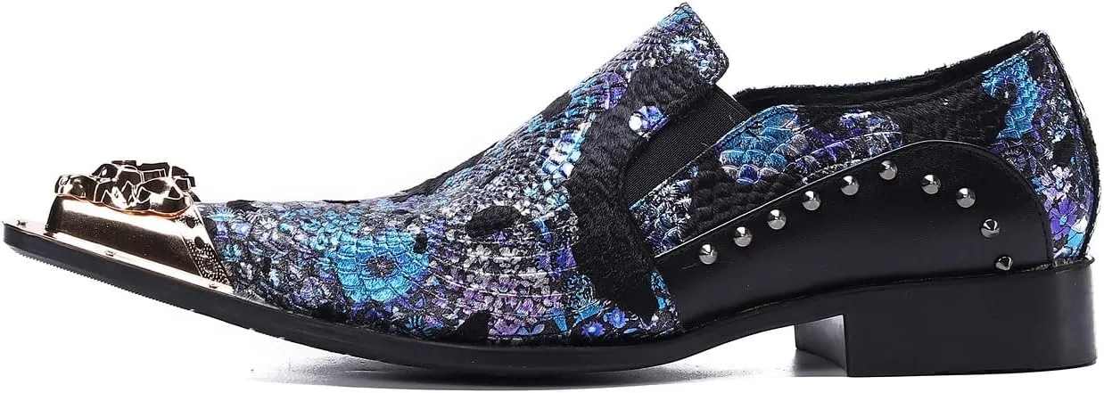 Santimon Mens Dress Loafers Floral Embroidered Leather Slip On Sequin Pointed Dragon Metal Tip Smoking Style Wedding Party Shoes