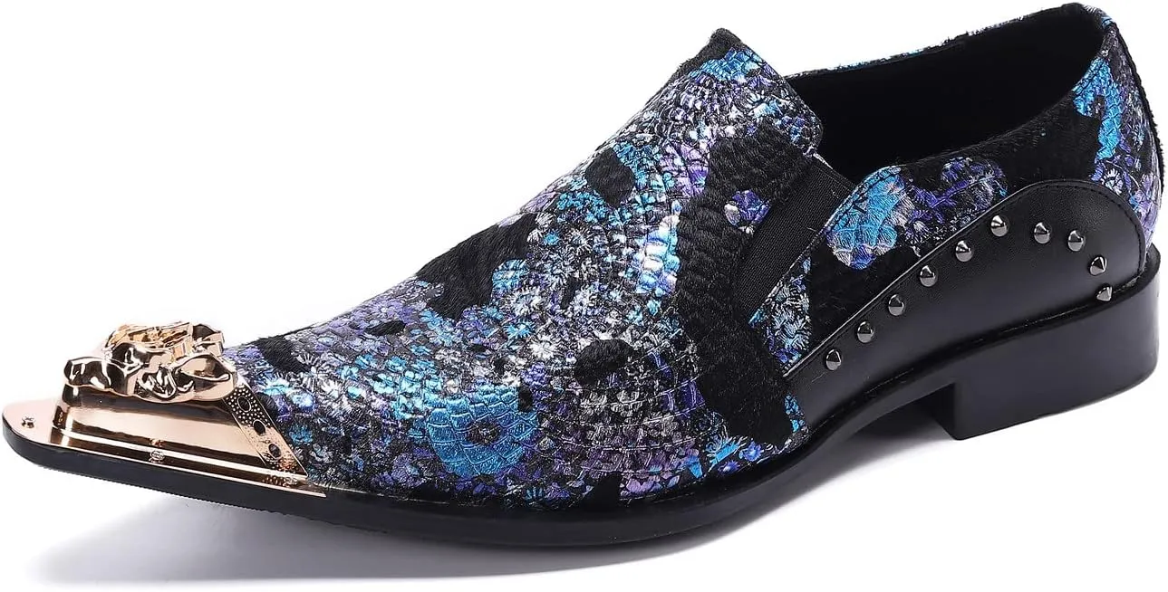 Santimon Mens Dress Loafers Floral Embroidered Leather Slip On Sequin Pointed Dragon Metal Tip Smoking Style Wedding Party Shoes