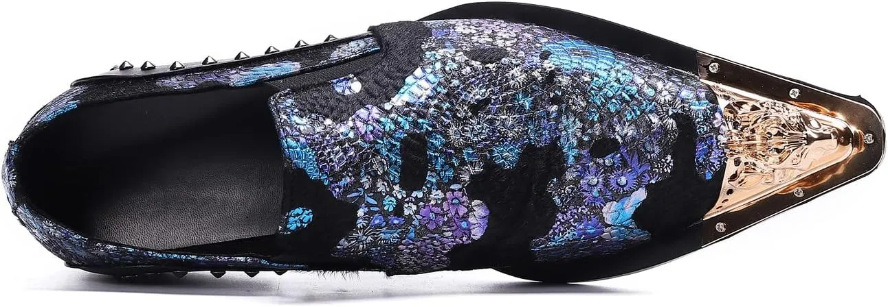 Santimon Mens Dress Loafers Floral Embroidered Leather Slip On Sequin Pointed Dragon Metal Tip Smoking Style Wedding Party Shoes