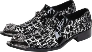 Santimon Mens Loafers Pointed Toe Leather Fashion Buckle Rhinestone Metal Tip Western Dress Shoes