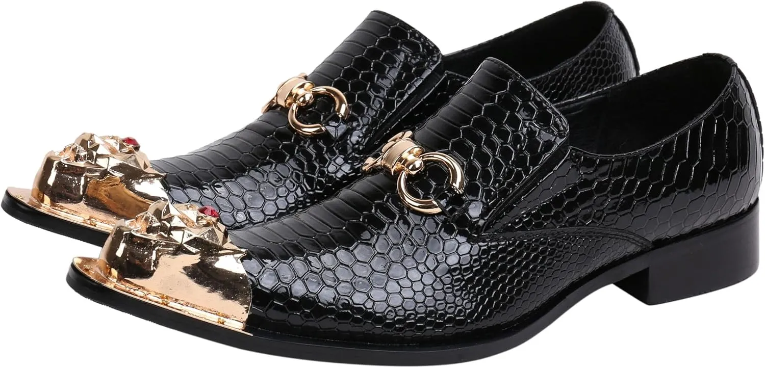 Santimon Mens Loafers Pointed Toe Leather Fashion Buckle Rhinestone Metal Tip Western Dress Shoes