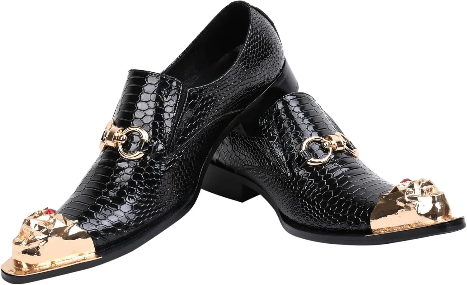 Santimon Mens Loafers Pointed Toe Leather Fashion Buckle Rhinestone Metal Tip Western Dress Shoes