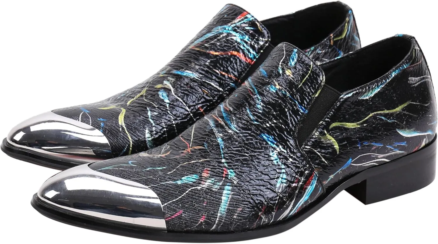 Santimon Mens Loafers Pointed Toe Leather Fashion Printed Metal Tip Western Dress Shoes