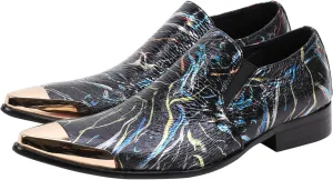 Santimon Mens Loafers Pointed Toe Leather Fashion Printed Metal Tip Western Dress Shoes