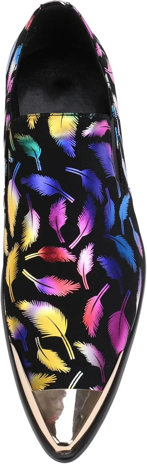 Santimon Mens Loafers Pointed Toe Leather Fashion Printed Metal Tip Western Dress Shoes