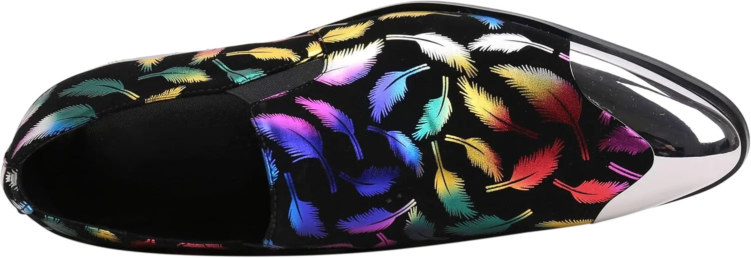 Santimon Mens Loafers Pointed Toe Leather Fashion Printed Metal Tip Western Dress Shoes