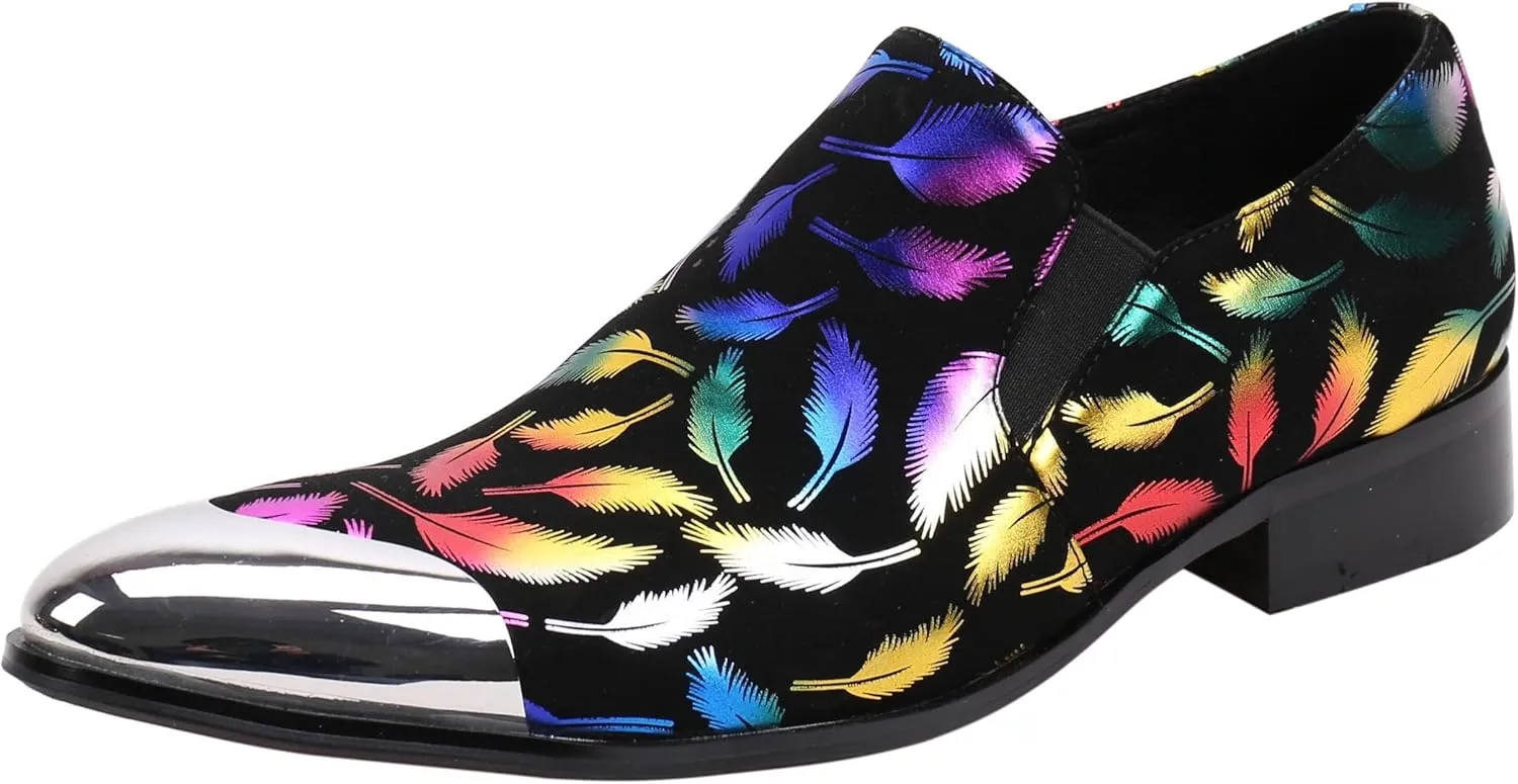 Santimon Mens Loafers Pointed Toe Leather Fashion Printed Metal Tip Western Dress Shoes