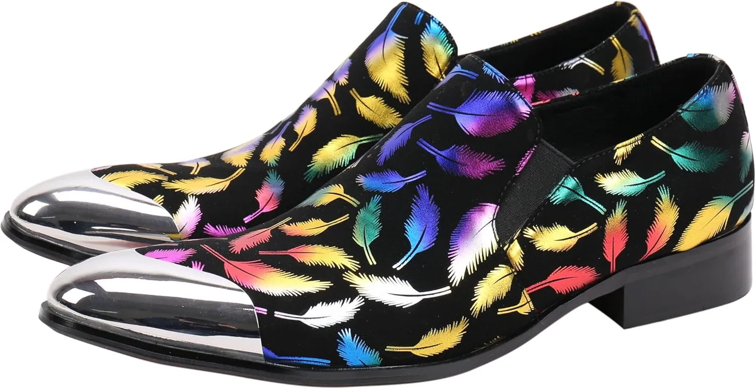 Santimon Mens Loafers Pointed Toe Leather Fashion Printed Metal Tip Western Dress Shoes