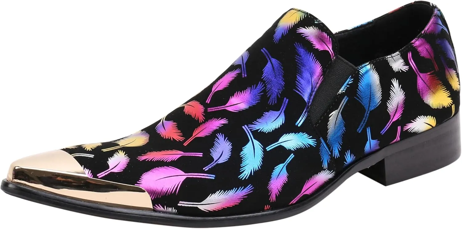 Santimon Mens Loafers Pointed Toe Leather Fashion Printed Metal Tip Western Dress Shoes