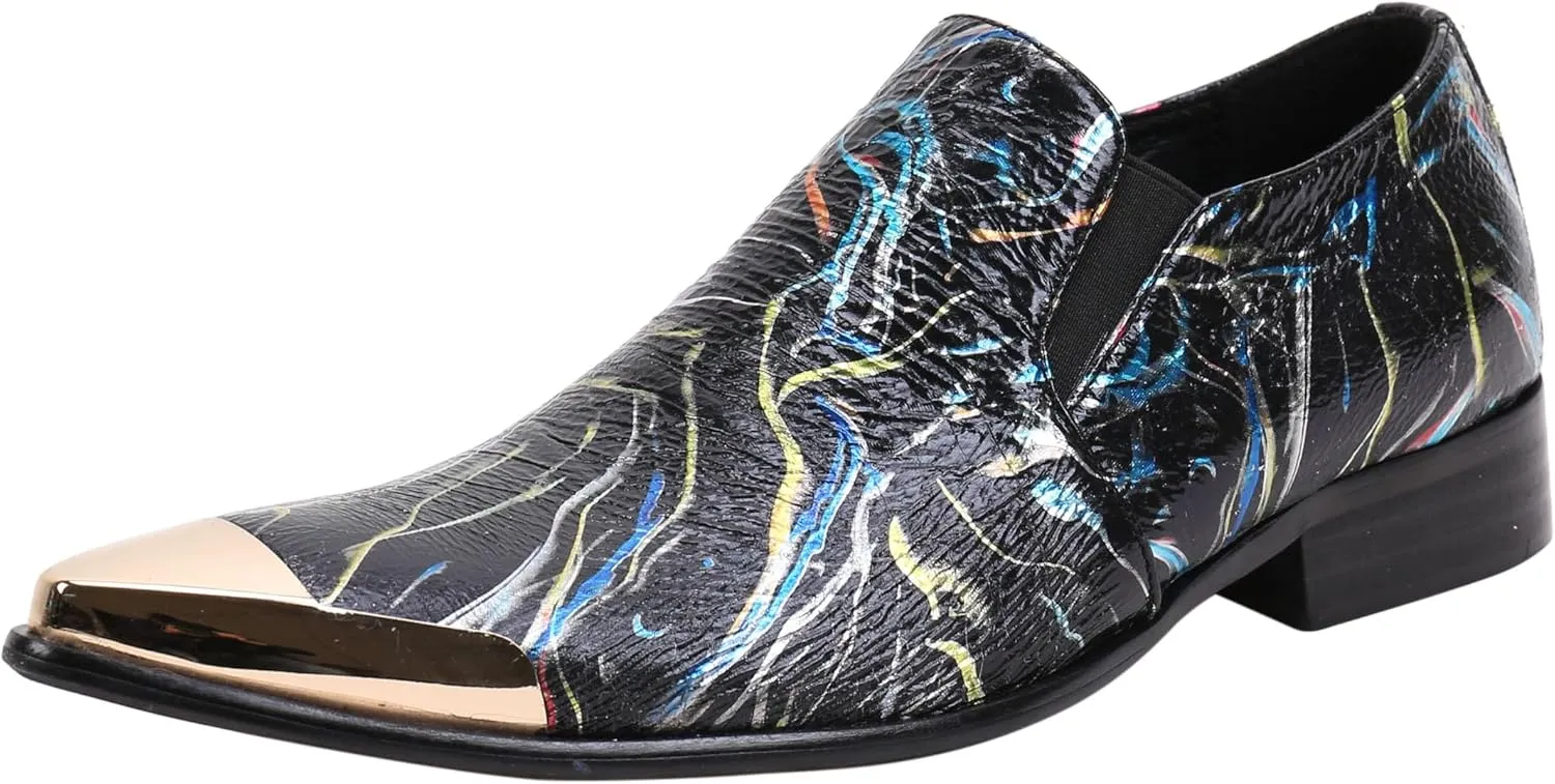 Santimon Mens Loafers Pointed Toe Leather Fashion Printed Metal Tip Western Dress Shoes