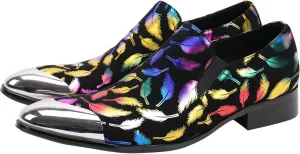 Santimon Mens Loafers Pointed Toe Leather Fashion Printed Metal Tip Western Dress Shoes