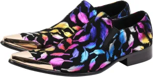 Santimon Mens Loafers Pointed Toe Leather Fashion Printed Metal Tip Western Dress Shoes