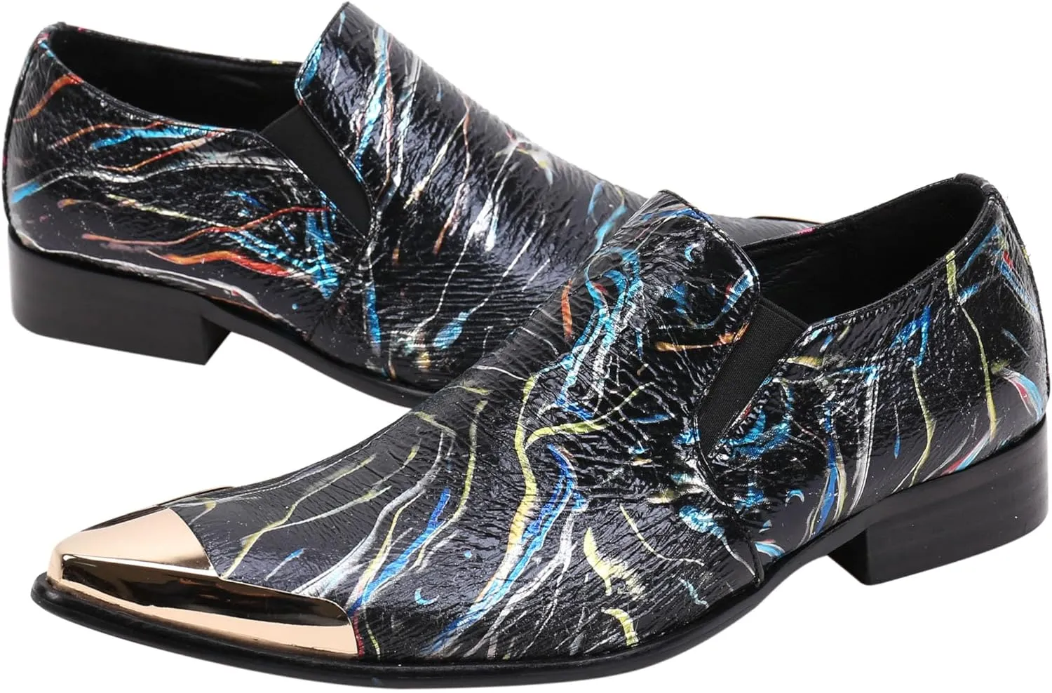 Santimon Mens Loafers Pointed Toe Leather Fashion Printed Metal Tip Western Dress Shoes