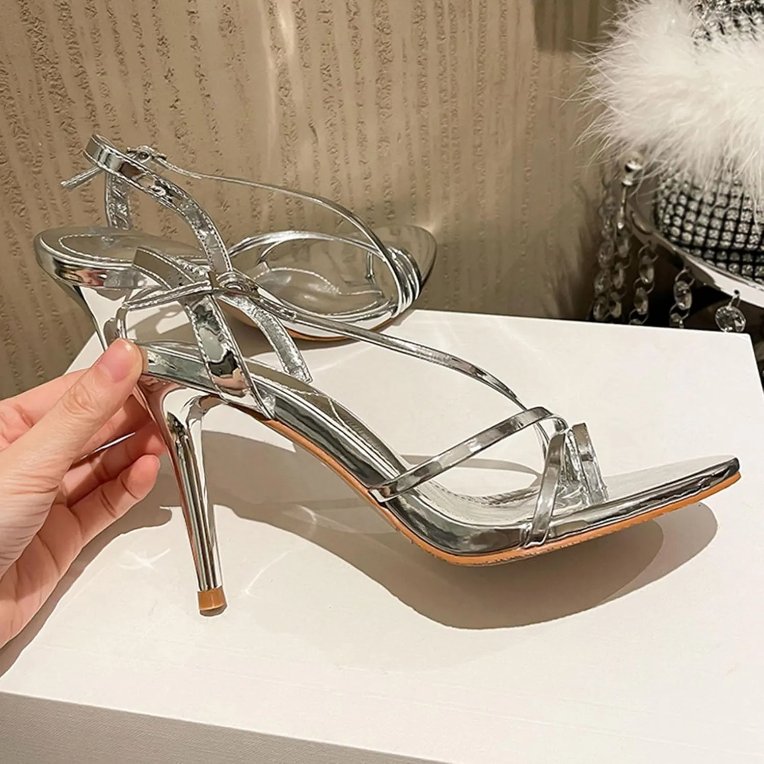 SHEMEE Womens Strappy Sandals Open Toe High Heels Ankle Strap Heeled Sandals for Women Summer Nightclub Party Dress Shoes