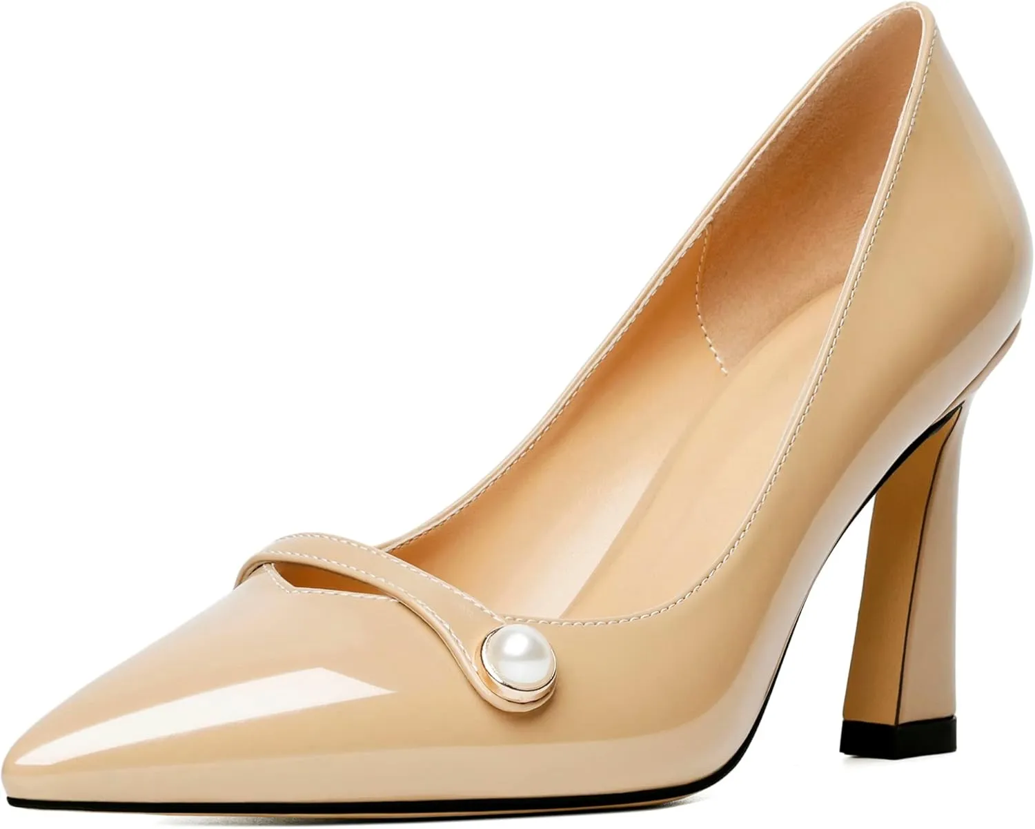 Soireelady Women High Stiletto Heel Pumps Pointed Toe Sexy Slip On 3.4 Inch Closed Toe Pearl Loafers Comfort Shoes for Wedding Office Evening