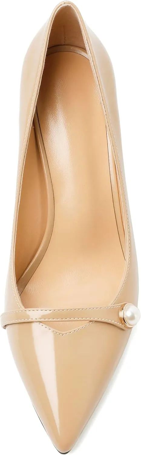 Soireelady Women High Stiletto Heel Pumps Pointed Toe Sexy Slip On 3.4 Inch Closed Toe Pearl Loafers Comfort Shoes for Wedding Office Evening
