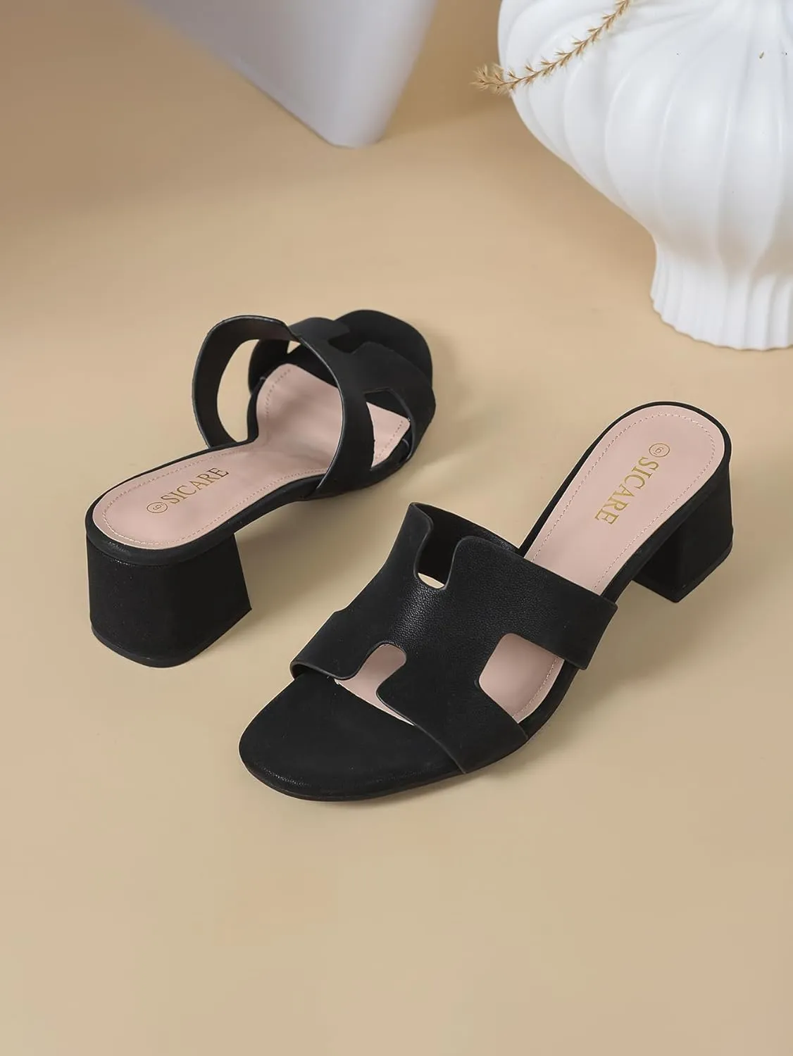Square Open Toe Strappy Heels Sandals Low Block Chunky Heeled Sandals Slip On Slide Mules Sandals Comfortable Casual Black White Tan Dress Sandals for Women