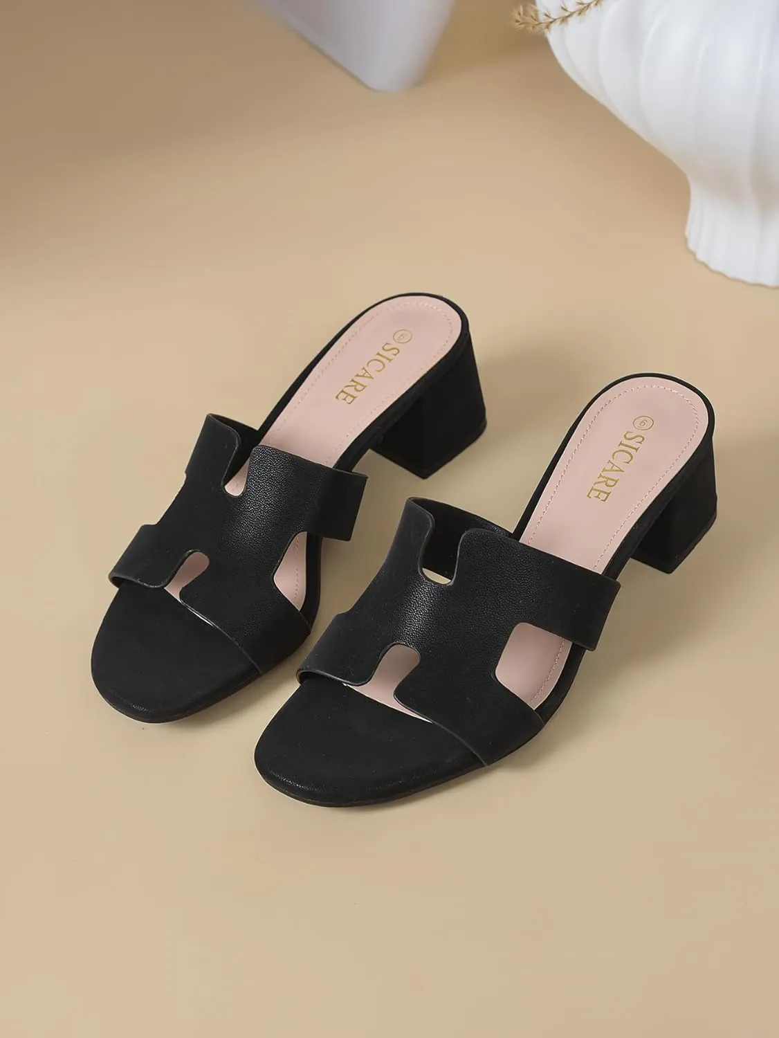Square Open Toe Strappy Heels Sandals Low Block Chunky Heeled Sandals Slip On Slide Mules Sandals Comfortable Casual Black White Tan Dress Sandals for Women