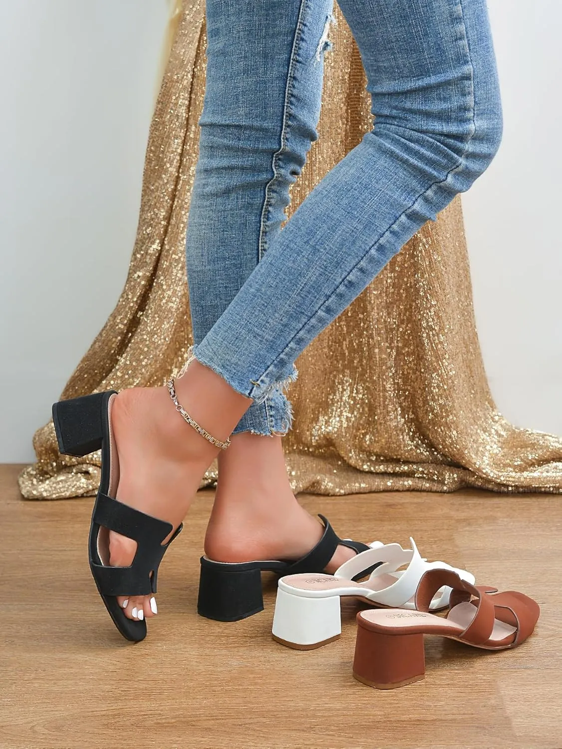 Square Open Toe Strappy Heels Sandals Low Block Chunky Heeled Sandals Slip On Slide Mules Sandals Comfortable Casual Black White Tan Dress Sandals for Women