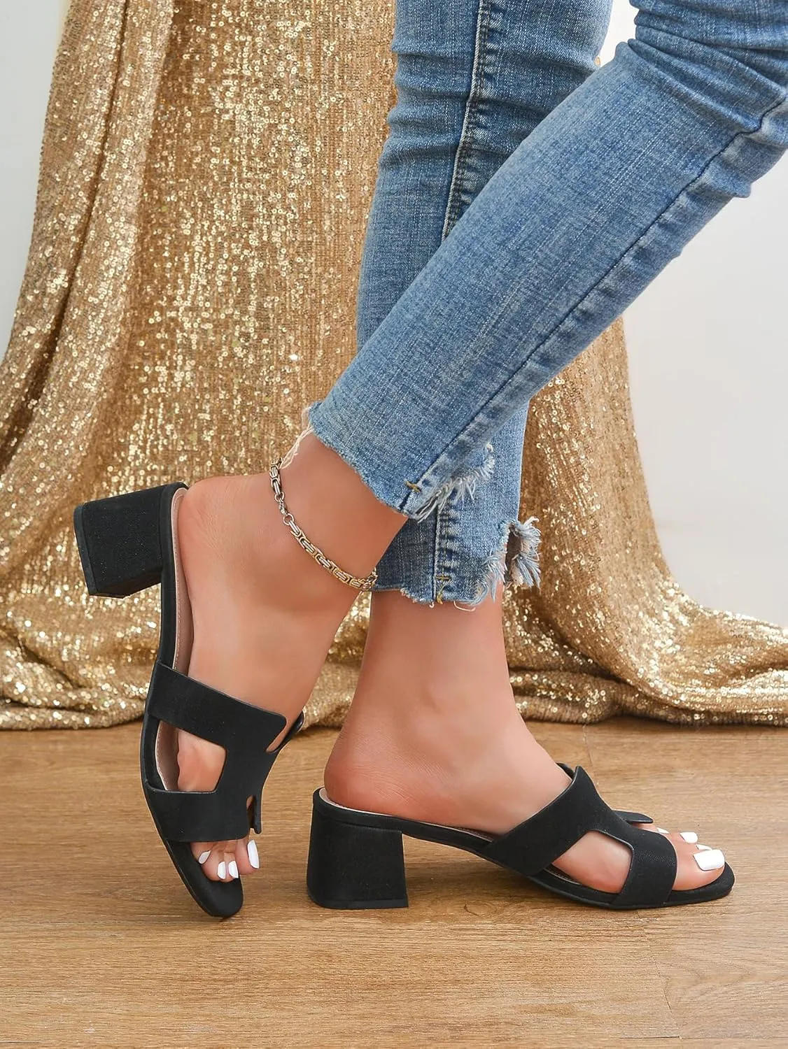Square Open Toe Strappy Heels Sandals Low Block Chunky Heeled Sandals Slip On Slide Mules Sandals Comfortable Casual Black White Tan Dress Sandals for Women