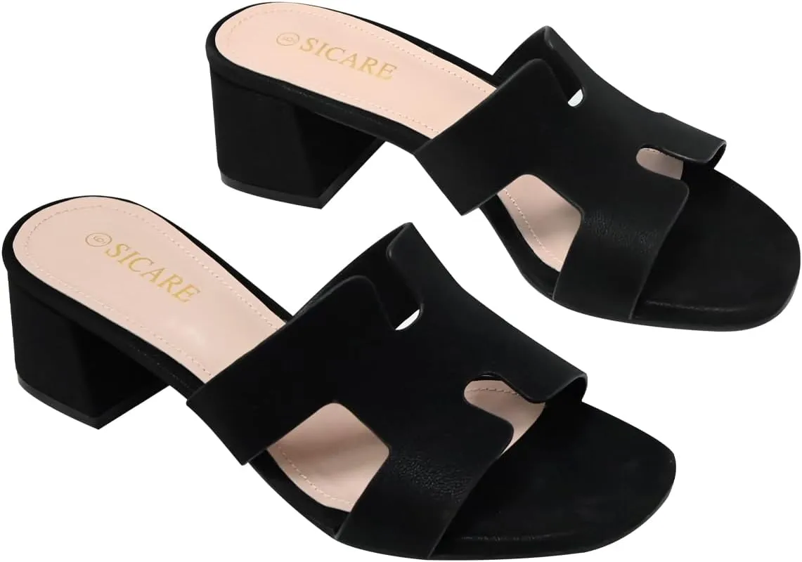 Square Open Toe Strappy Heels Sandals Low Block Chunky Heeled Sandals Slip On Slide Mules Sandals Comfortable Casual Black White Tan Dress Sandals for Women