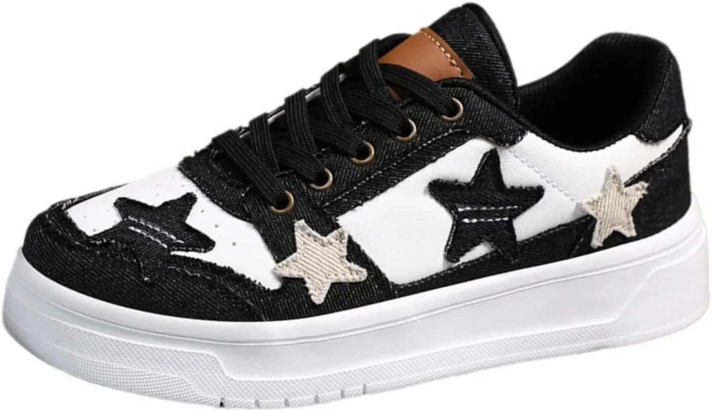 Star Platform Shoes, Cute Sneakers for Women Walking Outdoor, Fashionable Denim Shoes, Breathable Anti-Slip Casual Shoes