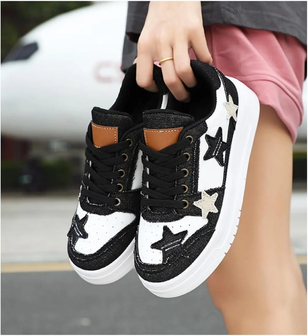 Star Platform Shoes, Cute Sneakers for Women Walking Outdoor, Fashionable Denim Shoes, Breathable Anti-Slip Casual Shoes
