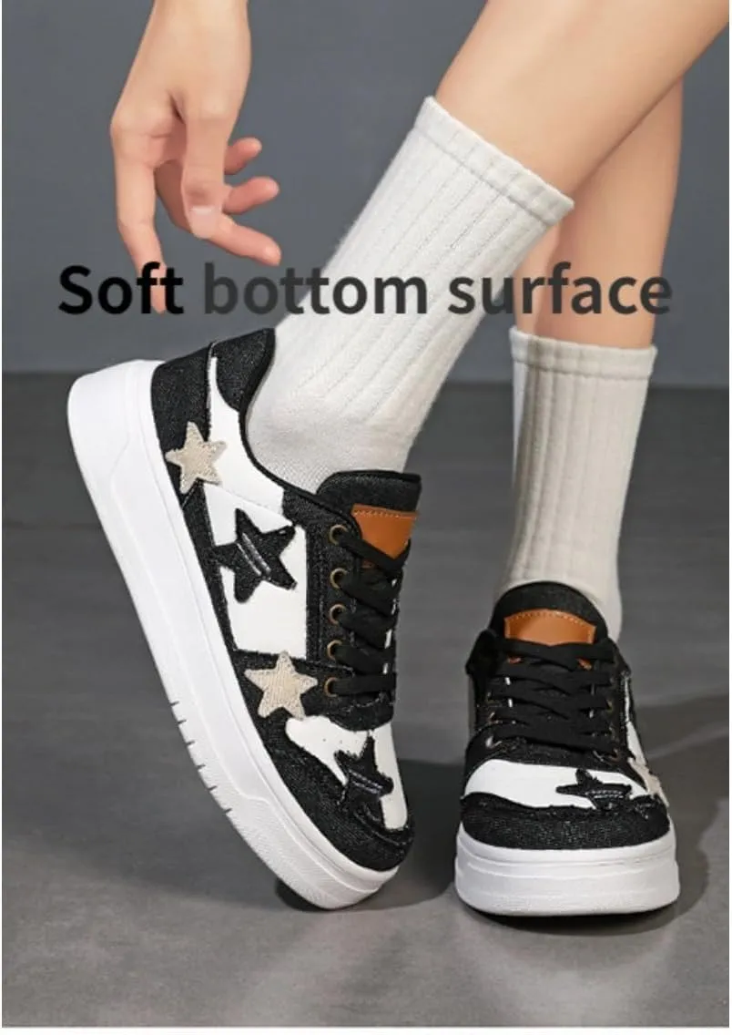 Star Platform Shoes, Cute Sneakers for Women Walking Outdoor, Fashionable Denim Shoes, Breathable Anti-Slip Casual Shoes
