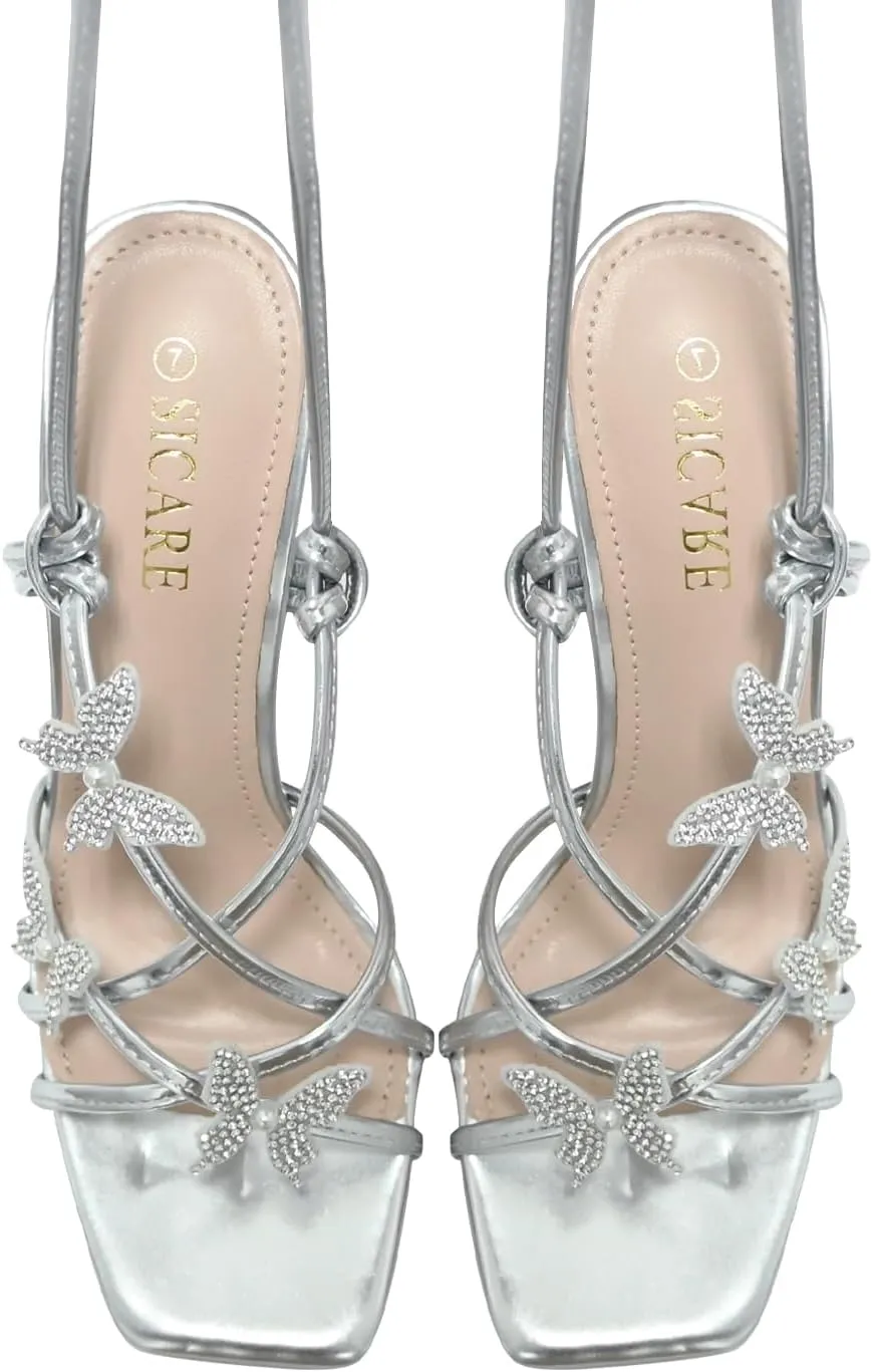 Strappy Heels for Women Sexy Lace Up Chunky High Heels Sandals Square Open Toe Heels with Bow White Black Gold Silver Tie Up Block Heels for Party, Prom, Evening