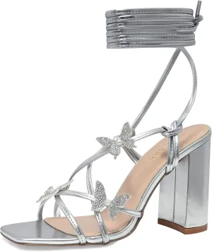Strappy Heels for Women Sexy Lace Up Chunky High Heels Sandals Square Open Toe Heels with Bow White Black Gold Silver Tie Up Block Heels for Party, Prom, Evening