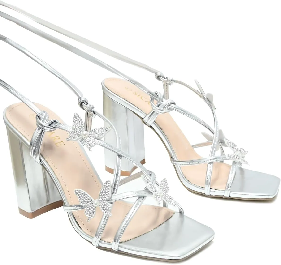 Strappy Heels for Women Sexy Lace Up Chunky High Heels Sandals Square Open Toe Heels with Bow White Black Gold Silver Tie Up Block Heels for Party, Prom, Evening