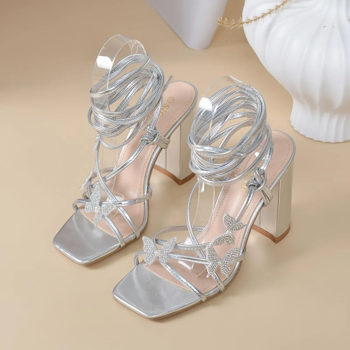Strappy Heels for Women Sexy Lace Up Chunky High Heels Sandals Square Open Toe Heels with Bow White Black Gold Silver Tie Up Block Heels for Party, Prom, Evening