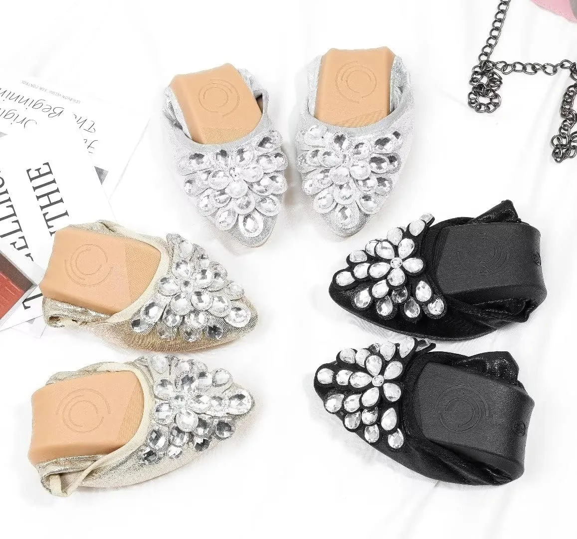 Stunner Womens Foldable Pointed Toe Ballet Flats Rhinestone Loafers Fashion Flats