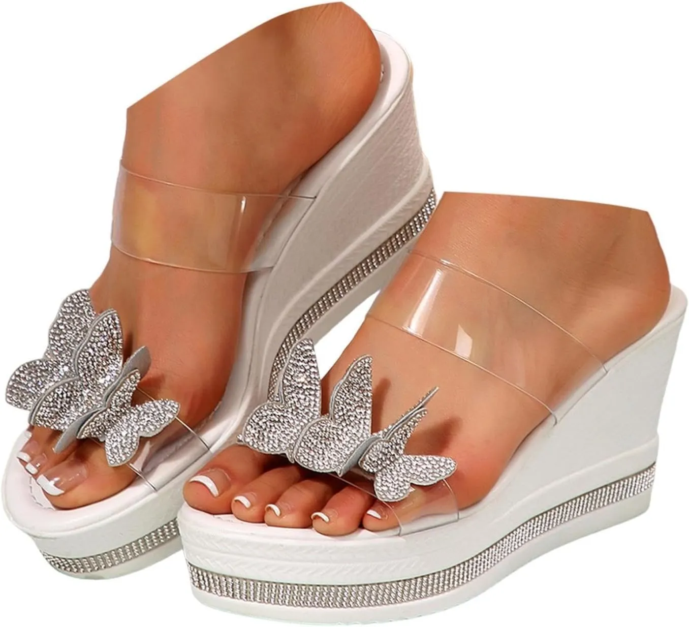 Summer Sandals for Women 2025,Sandals for Women 2025,Platform Fashionable Butterfly Decorations Bohemian Platform Shoes,Elastic Ankle Strap Rhinestone Sandals,Women's High Heel Wedge Sandals