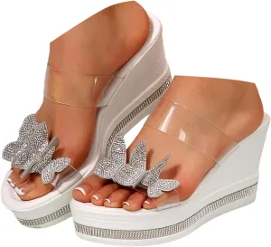 Summer Sandals for Women 2025,Sandals for Women 2025,Platform Fashionable Butterfly Decorations Bohemian Platform Shoes,Elastic Ankle Strap Rhinestone Sandals,Women's High Heel Wedge Sandals
