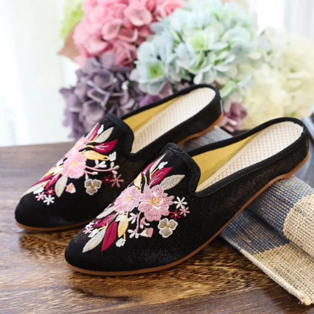 TangDao Women's Embroidered Backless Pointed Toe Slip On Loafers Comfortable Flats Embroidery Mule Slippers Shoes