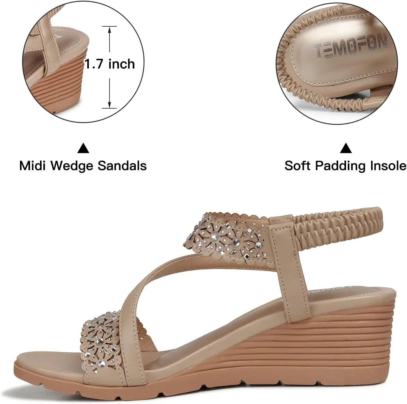 TEMOFON Wedge Sandals for Women Dressy: Summer Open Toe Elastic Ankle Strap - Comfortable Bohemian Low Wedge Sandals