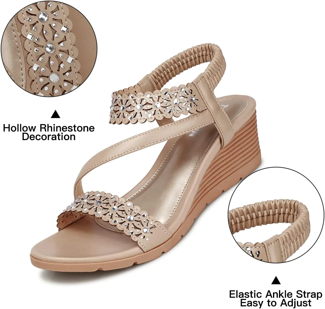 TEMOFON Wedge Sandals for Women Dressy: Summer Open Toe Elastic Ankle Strap - Comfortable Bohemian Low Wedge Sandals