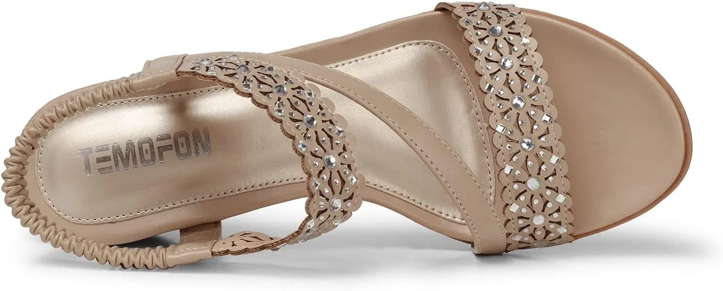 TEMOFON Wedge Sandals for Women Dressy: Summer Open Toe Elastic Ankle Strap - Comfortable Bohemian Low Wedge Sandals