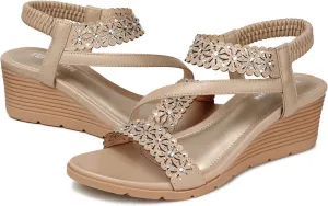 TEMOFON Wedge Sandals for Women Dressy: Summer Open Toe Elastic Ankle Strap - Comfortable Bohemian Low Wedge Sandals