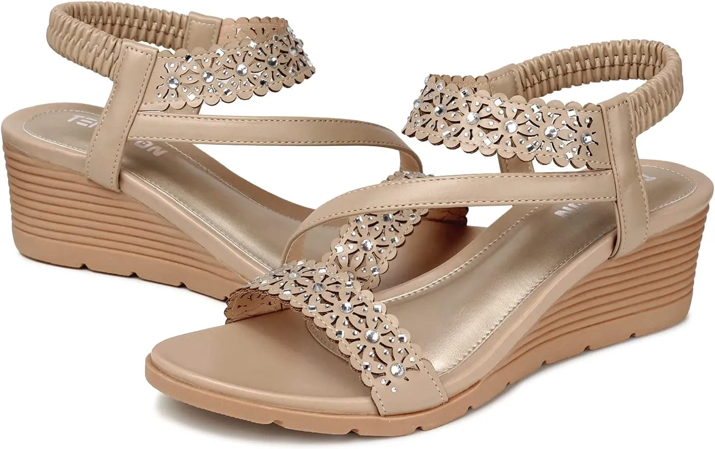 TEMOFON Wedge Sandals for Women Dressy: Summer Open Toe Elastic Ankle Strap - Comfortable Bohemian Low Wedge Sandals