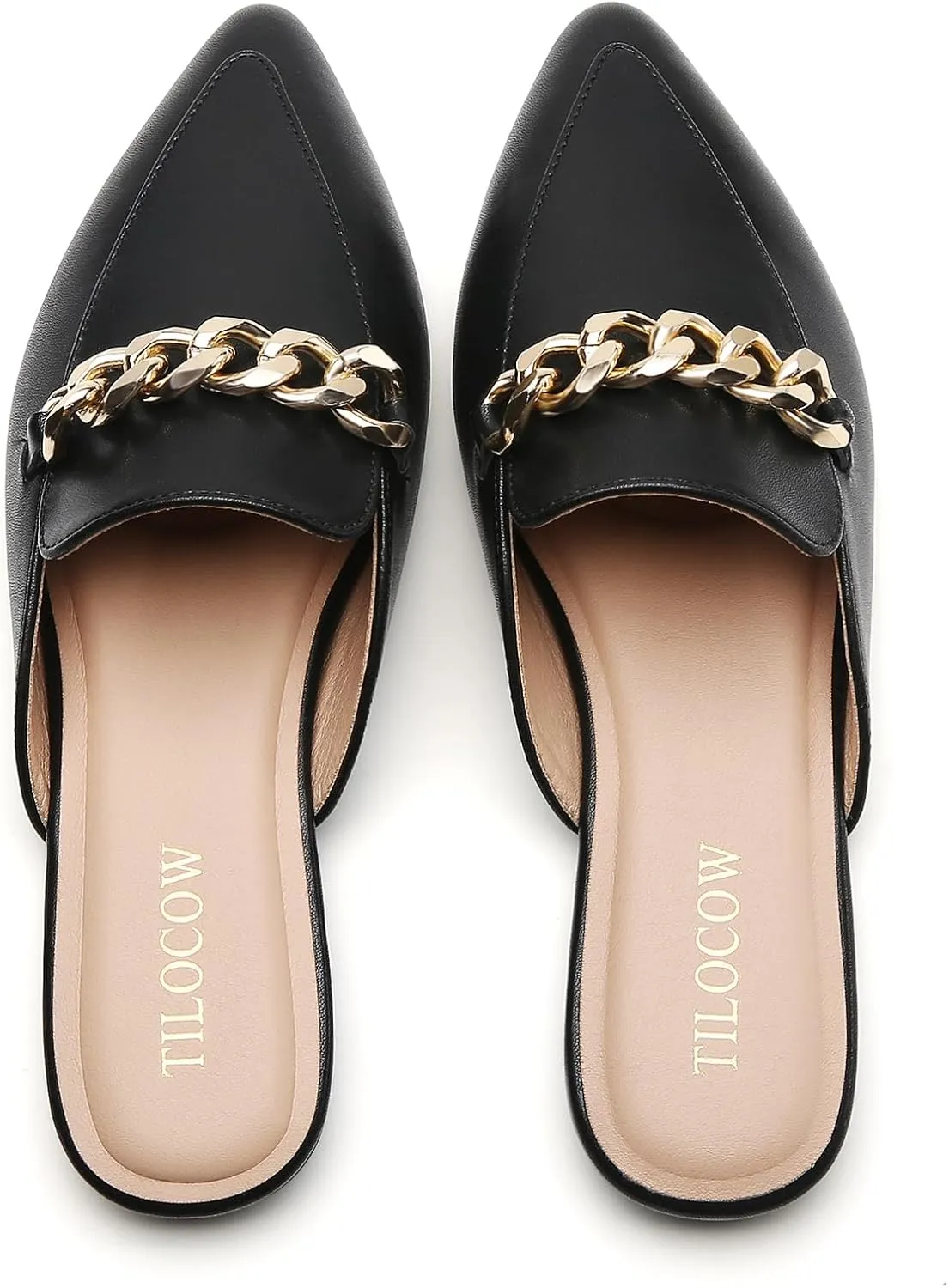 Tilocow Mules for Woman Metal Chain Slip On Flats Business Pointed Toe Loafers Backless Women Mule Shoes