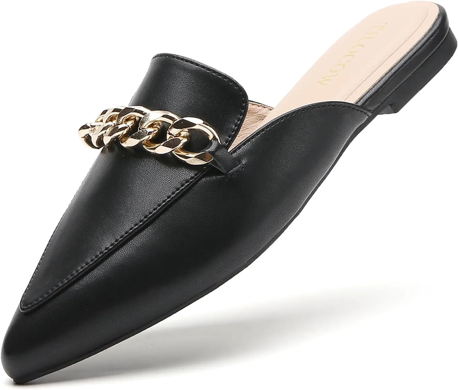 Tilocow Mules for Woman Metal Chain Slip On Flats Business Pointed Toe Loafers Backless Women Mule Shoes